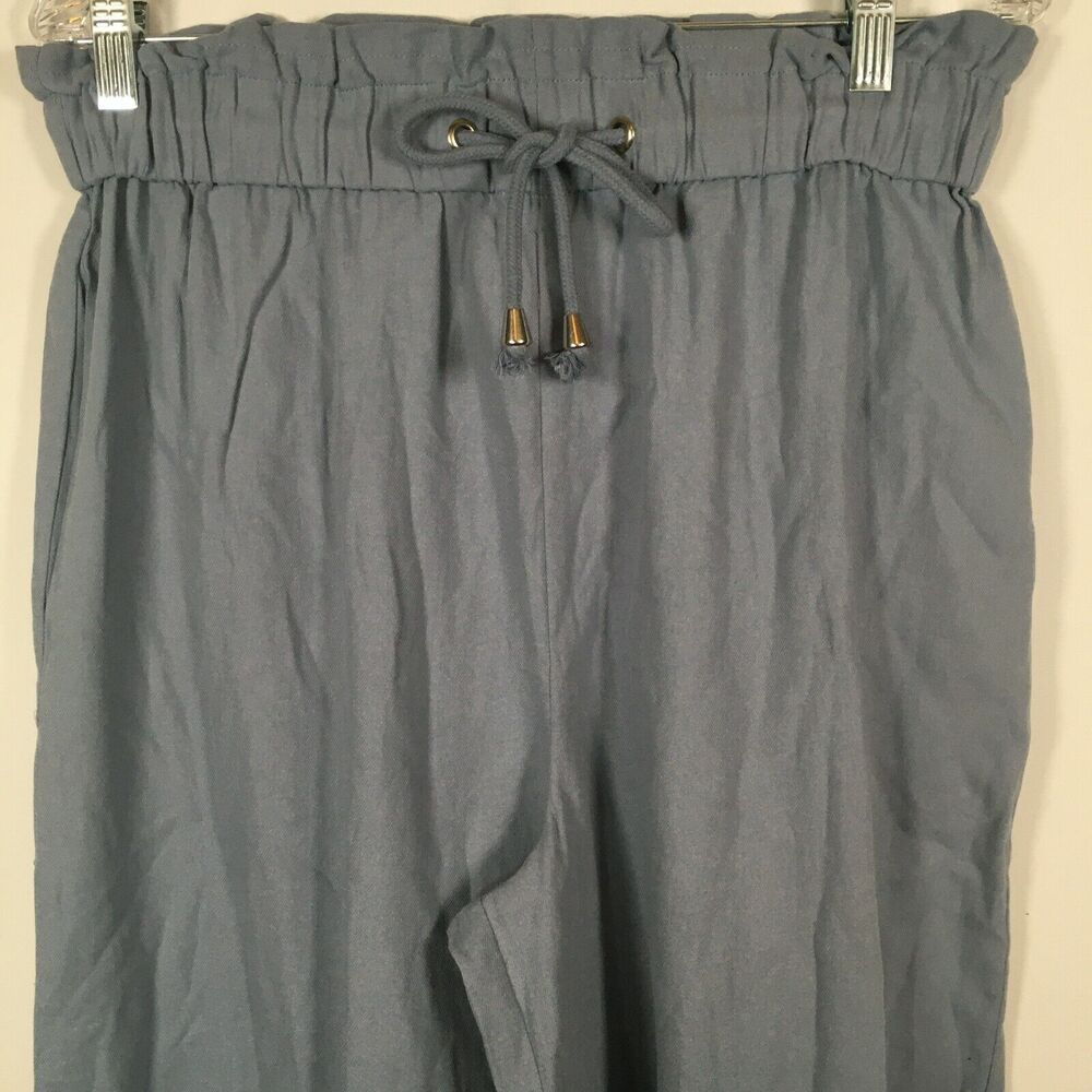 NWT Elodie Pants Womens Sz L Blue Cotton Drawstring Waist Wide Leg Capri Crop - Picture 3 of 11
